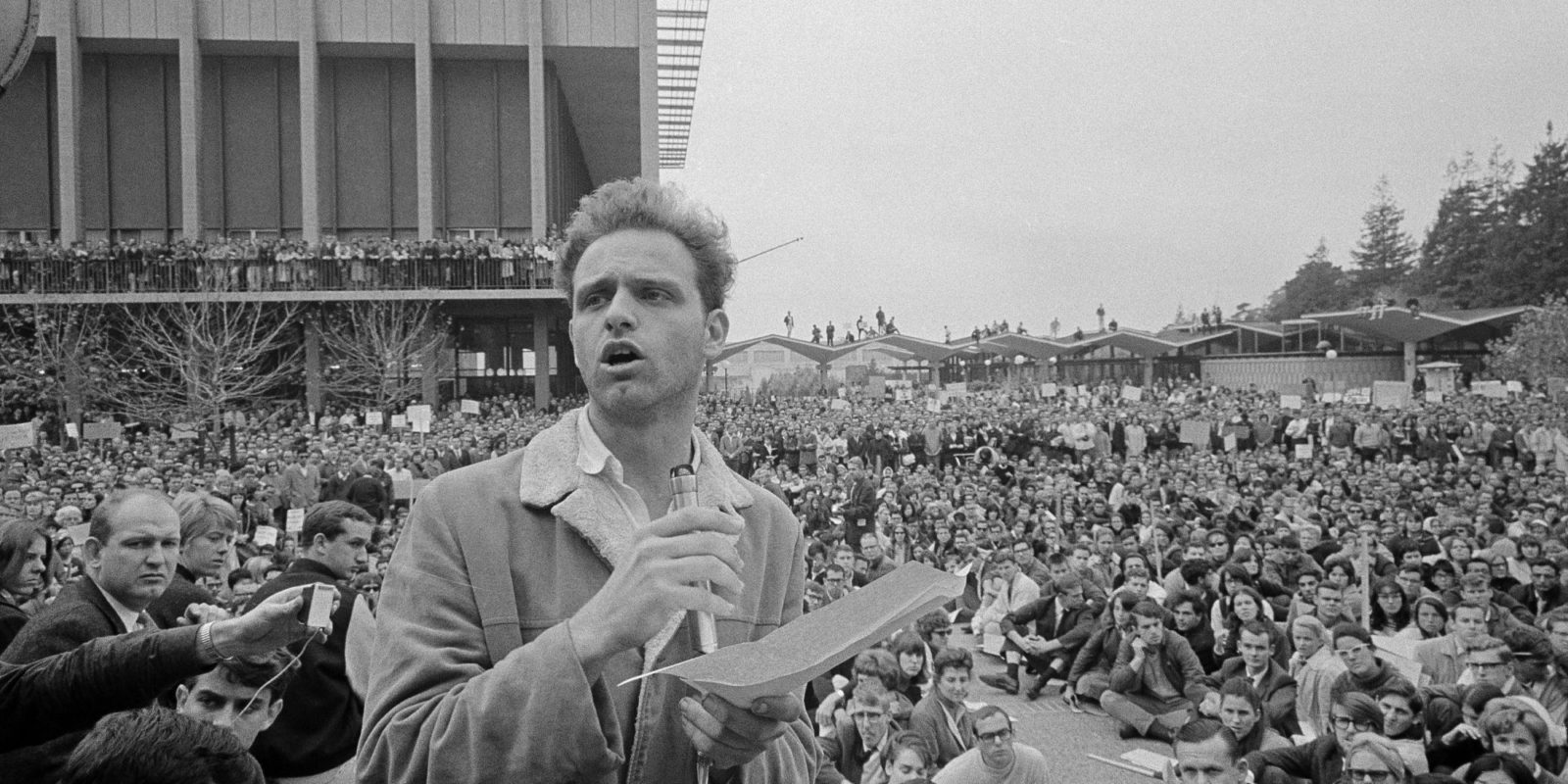 FILE - In this Dec. 7, 1964 file photo, Mario Savio, leader of the Berkeley Free Speech Movement, speaks to assembled students on the campus at the University of California in Berkeley, Calif. The fall of 2014 marks the 50th anniversary of the Free Speech Movement, a protest that only lasted for three months but set the stage for the turbulent 1960s. (AP Photo/Robert W. Klein, File)